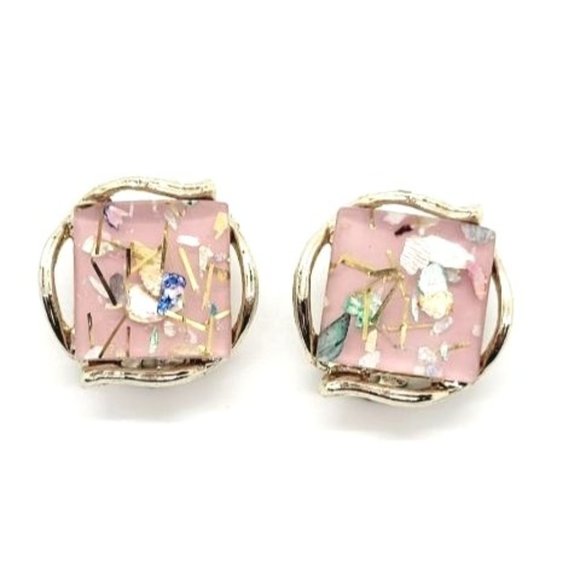 Modern Vintage Jewelry - Vintage 1950 Lucite Confetti Glam Statement Clip On Earrings